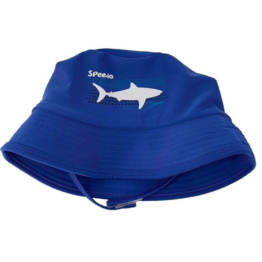 Speedo Bucket Hat Kids L/XL Blue Shark UV 50 Sun Protection Beach Chin Strap Cap